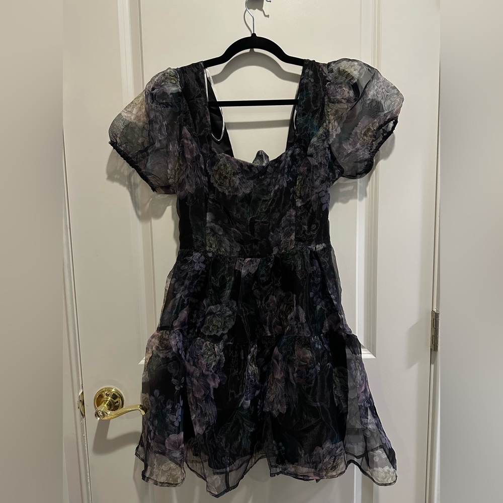 Lulu's Sheer Iridescent Floral Black Navy Dress